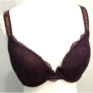 Juicy Couture Dark Purple Lace Push Up Bra 34C Underwire Padded Logo Straps